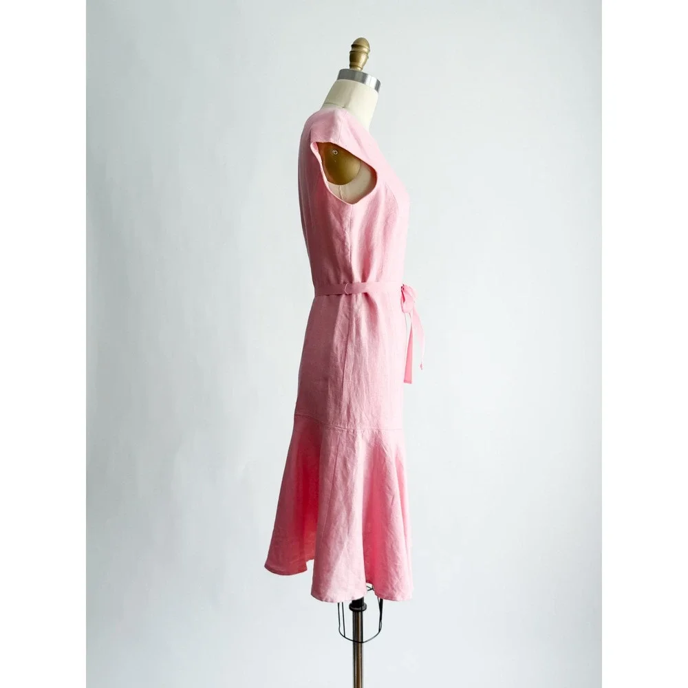 Anne Klein Linen Fit Flare Dress 8P Pink Ruffle Hem Cap Sleeve Ribbon Belt y2k